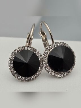 Black & Clear Rhinestone Earrings Silver Tone Leverback 1" Sparkly Dangle
